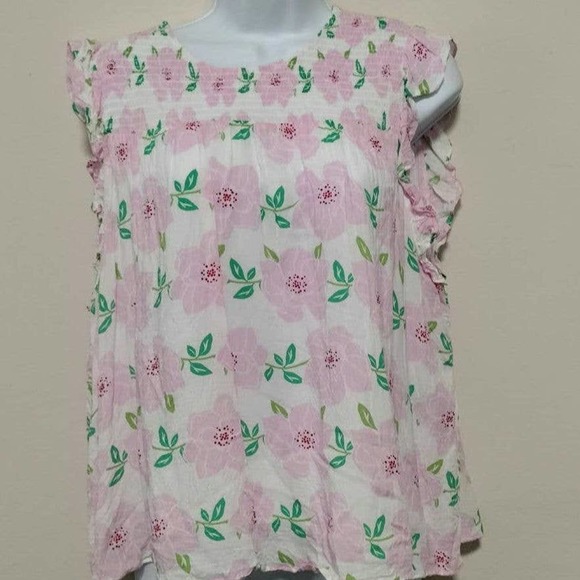 Draper James Tops - Draper James Sz XL Pink White Lined Floral Ruffle Blouse